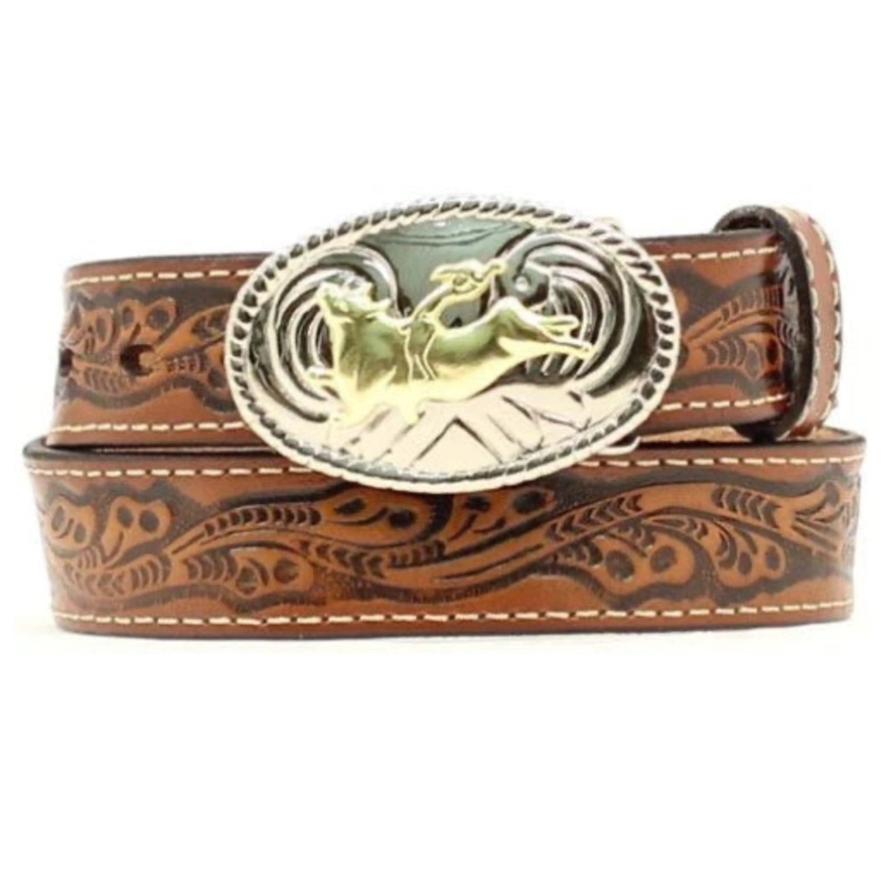 Nocona brown tooled leather belt with bullrider belt buckle Size 18